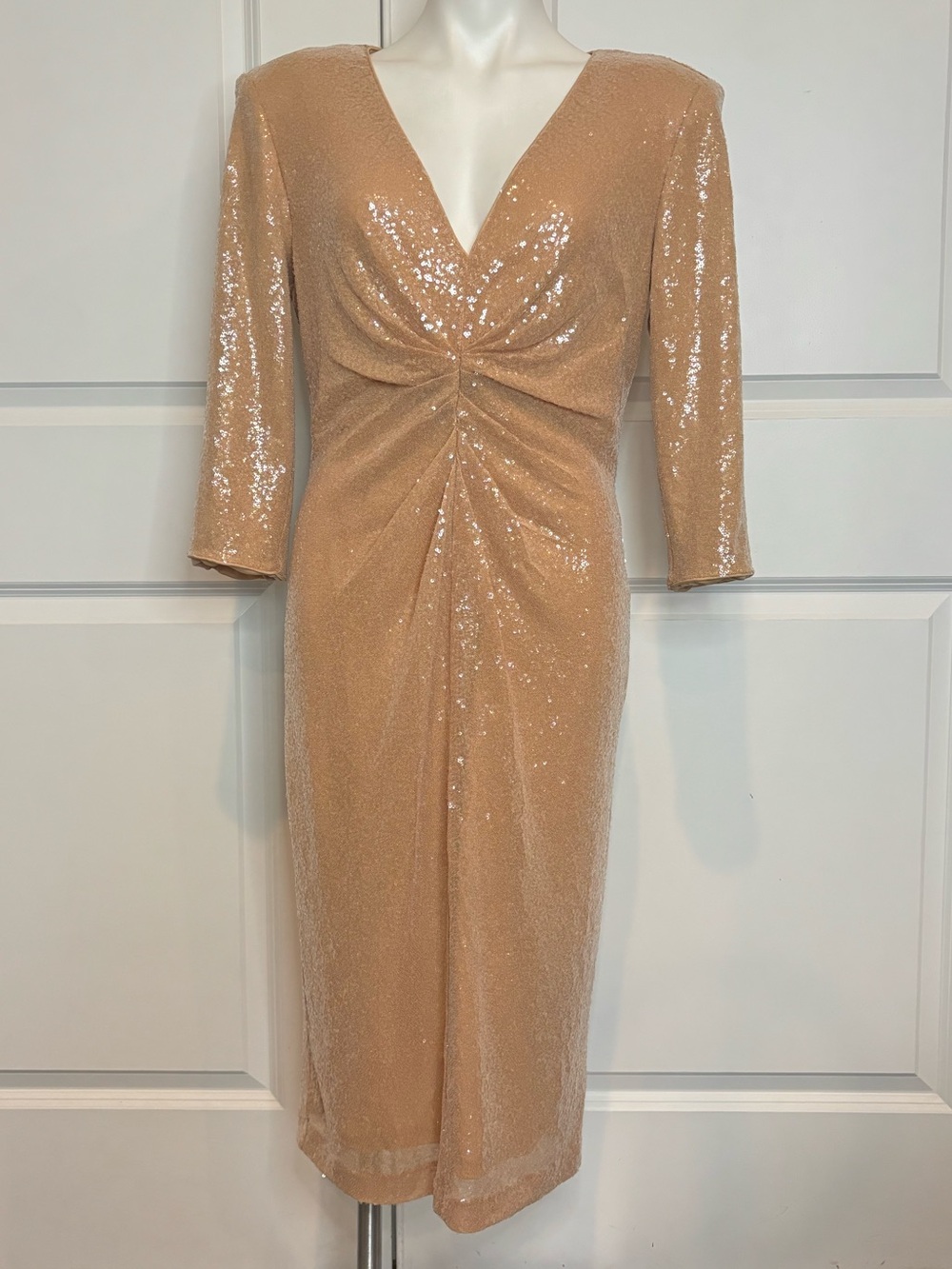 NWT Donna Karan New York Fawn Light Tan Sequin Long Sleeve Ruched Torso Dress 12